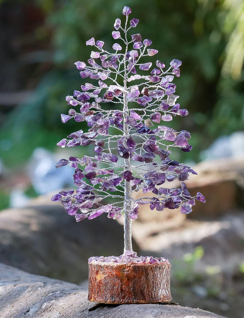 Pushkar Amethyst Crystal Tree With Silver Wire And 100 Beads 10-12 Inch